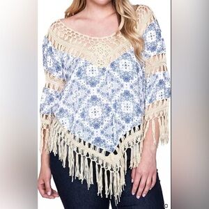 Umgee Cream and Blue Patterned Boho Fringe Top 2Xl